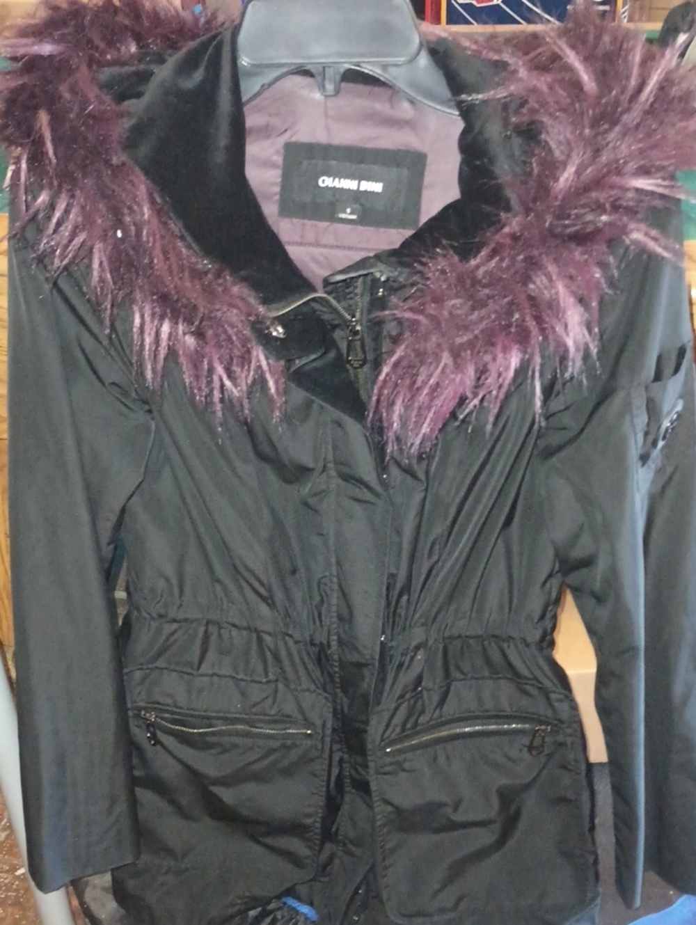 Gianni Bini Black Puffer Coat with Purple Faux Fur Hood Trim